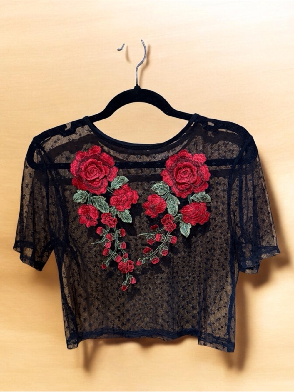 Sheer Black Fishnet Crop Top with Red Rose Embroidery - Women